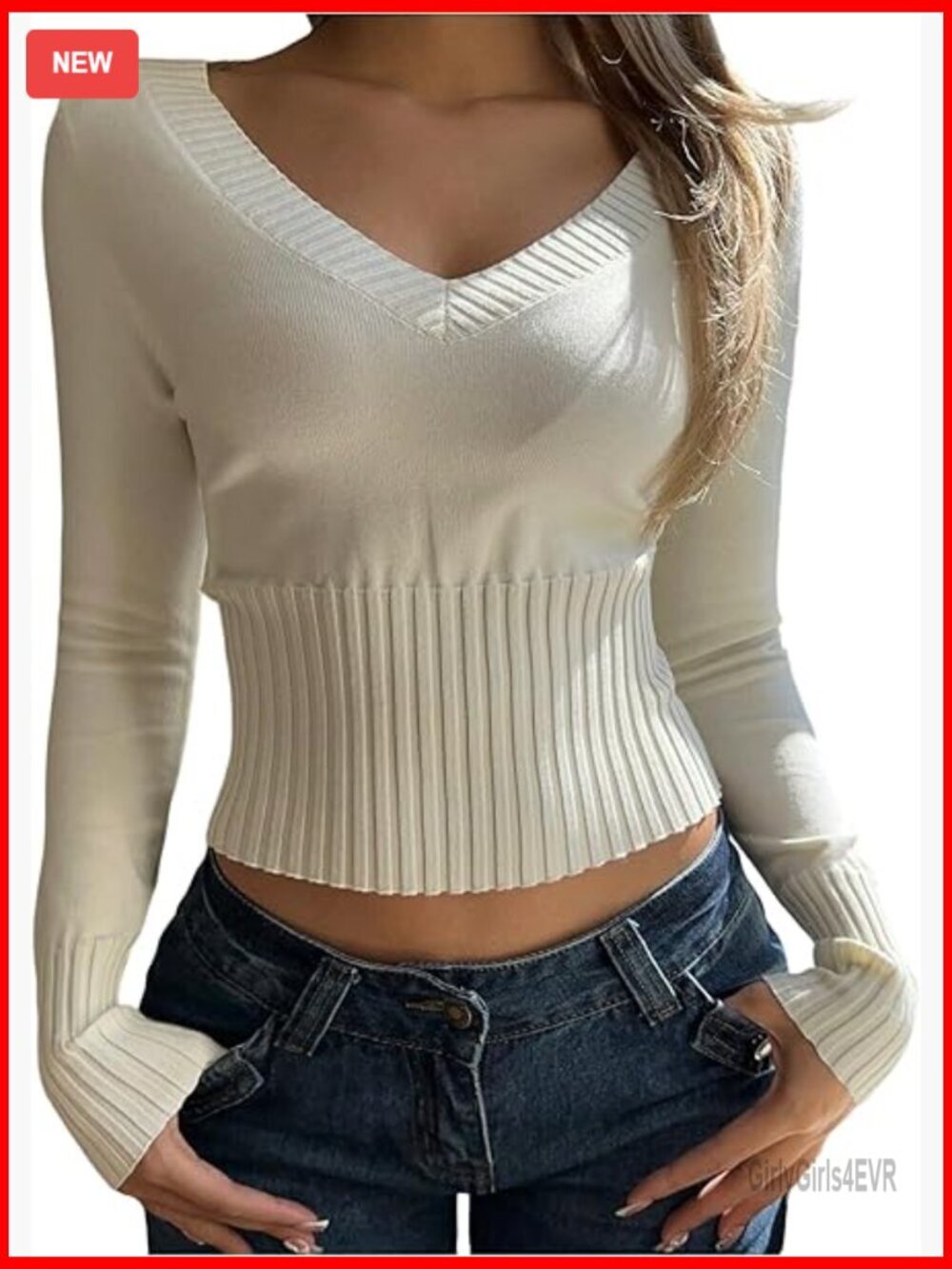 Slim Fit Cropped V-Neck Ribbed Knit Pullover Sweater